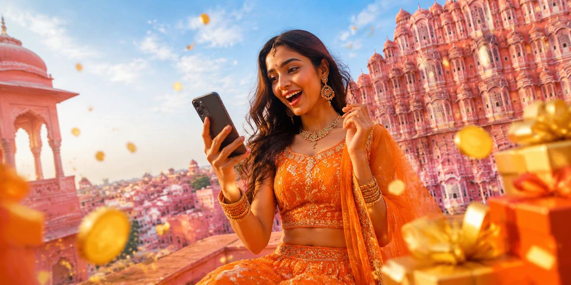 Experienced Indian player using mobile casino app with iconic Jaipur Hawa Mahal backdrop