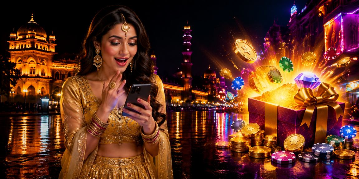 Old city of Lucknow with a woman using mobile casino app wearing lehenga